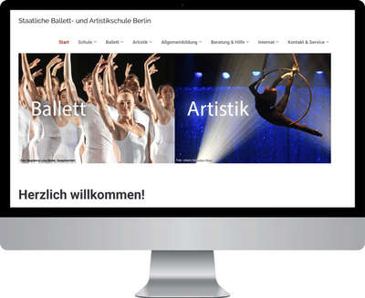 Computerbildschirm, auf dem die Homepage der Staatlichen Ballett- und Artistikschule zu sehen ist.
